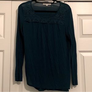 LOFT | Long Sleeve Teal Shirt with Lace detail at neck